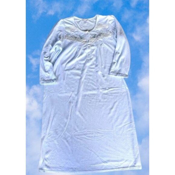 Miss Elaine Maxi Nightgown Small Blue Fleece Embroidered Flowers Lace Buttons - Picture 2 of 12